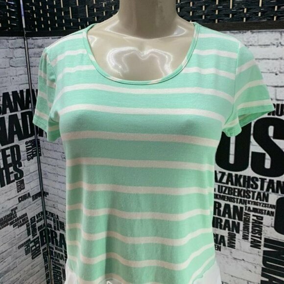 Cha Cha Vente M Mint Green Striped Sheer Step- Hem Short Sleeve Tee - Picture 2 of 6